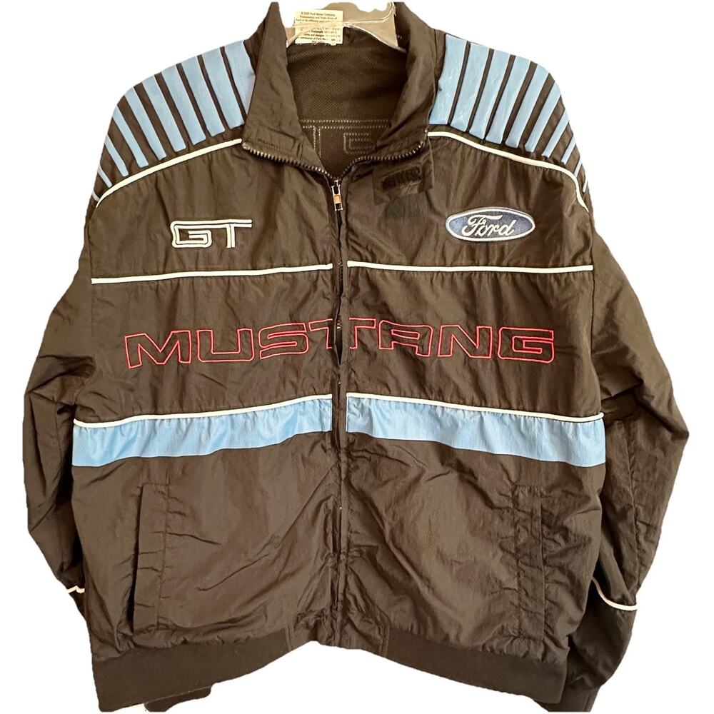 Ford Mustang GT Jacket Mens Medium Black Blue Full Zip Racing Windbreaker